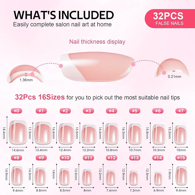 Findigit French Tip Press On Nails Short - Chrome French Tip Square Press On Nails with Glue for Women, Soft Gel Glue On Fake Nails in 16 Sizes - 32 Stick On Nails Kit, Elegant Princess