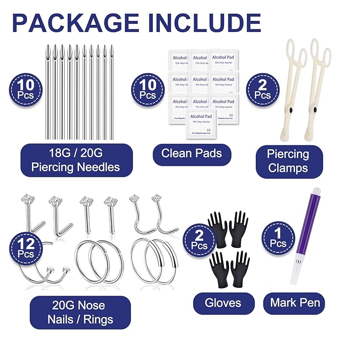 Yugui Nose Piercing Kit 20G Nose Piercing Rings, Nails and 18G Piercing Needles Disposable Piercing Clamps Gloves Clean Pads Home DIY Self Body Piercing Tools Kit Supplies
