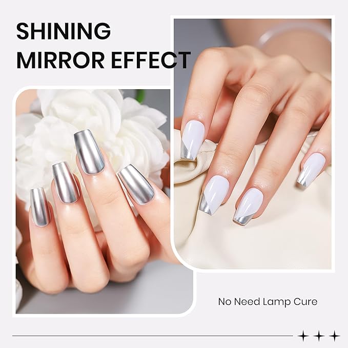 Silver Metallic Nail Polish Quick Dry Mirror Nail Polish Non Gel High Glossy Nail Lacquer Air Dry Chrome Nails Polishes Oil-based Holo Fingernail and Toenail