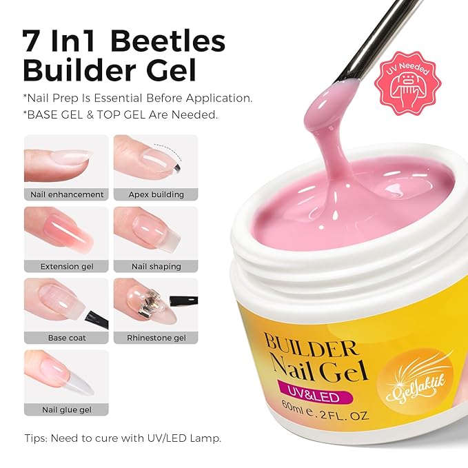 Builder Gel for Nails, 60g Light Pink Hard Gel for Nail Extension with 10 Nail Forms, Strengthener & Thickening, UV LED Lamp Cured Sculpture, Repair Broken Nails, Salon DIY Manicure Kit