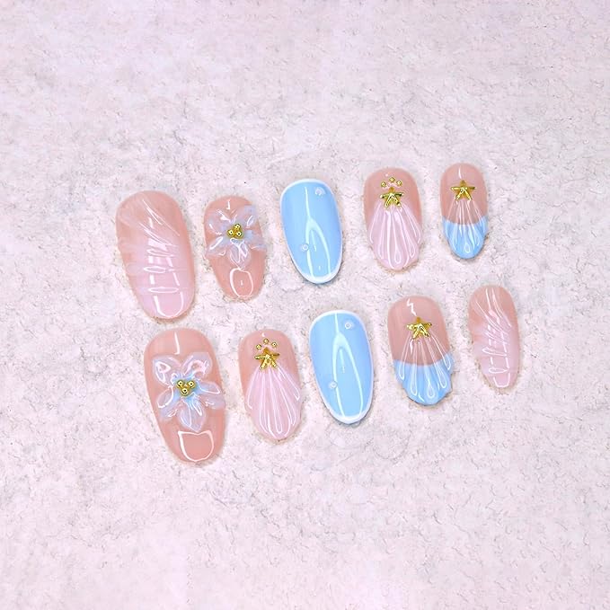 Flower Press on Nails Blue French Stick on Nails Short Almond Fake Nails Set Handmade 3D Flower Starfish Water Ripple Designs Thick Acrylic Nail Full Cover False Nail for Women (Size M)