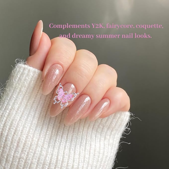 Bling Nail Charms Pink 3D Nail Charms and Gems Aurora Butterfly Cute Silver Cross Star Charms Chrome Heart Silver Y2K Nail Gems with Rhinestones Metallic Nail Art Accessories