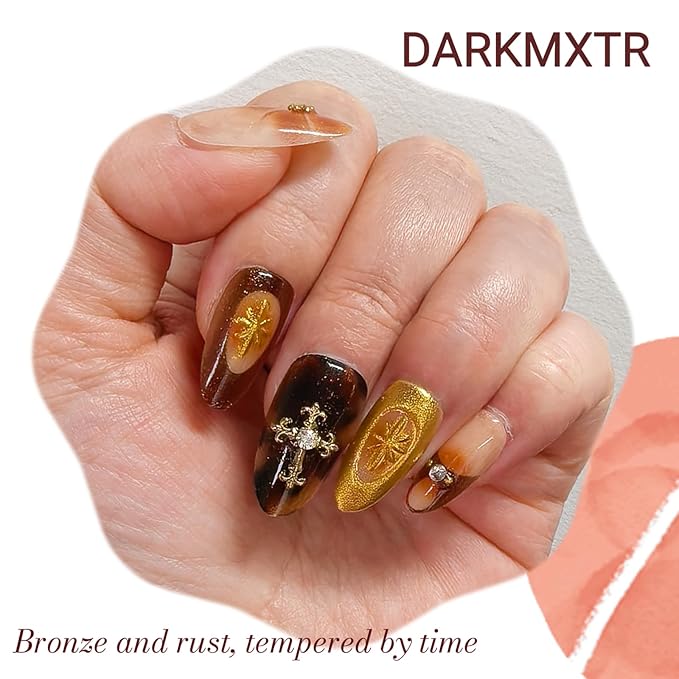 Tortoiseshell Press On Nails Long Coffin Brown Nude Glitter Rhinestone Design Fake Nails with Adhesive Tabs & Glue for Women Party Daily Wear (30pcs)