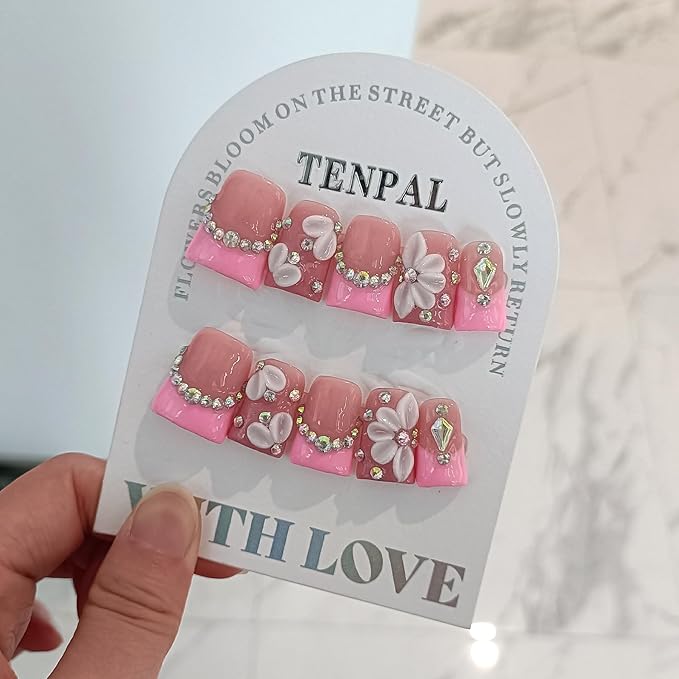 Duckbill Shape Handmade Press On Nails Kit,Pink French Floral Nails with 3D Flowers Diamond Designs,Glazed Donut Nude Pink Fake Nails with Tools,Elegant French Tip Duckbill Nails with Gems(L)