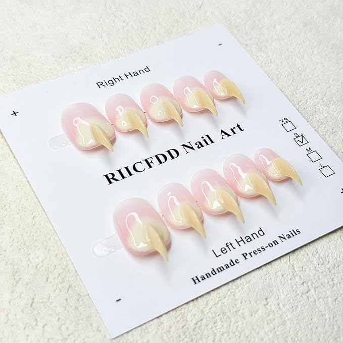 10 Pcs Handmade Press on Nails Medium Curved Stiletto Cat Claw Nails Press Ons Beige Nail Tips Design Thick Cat Claw Fake Nails Reusable Glossy Acrylic Stick on Nail (S)