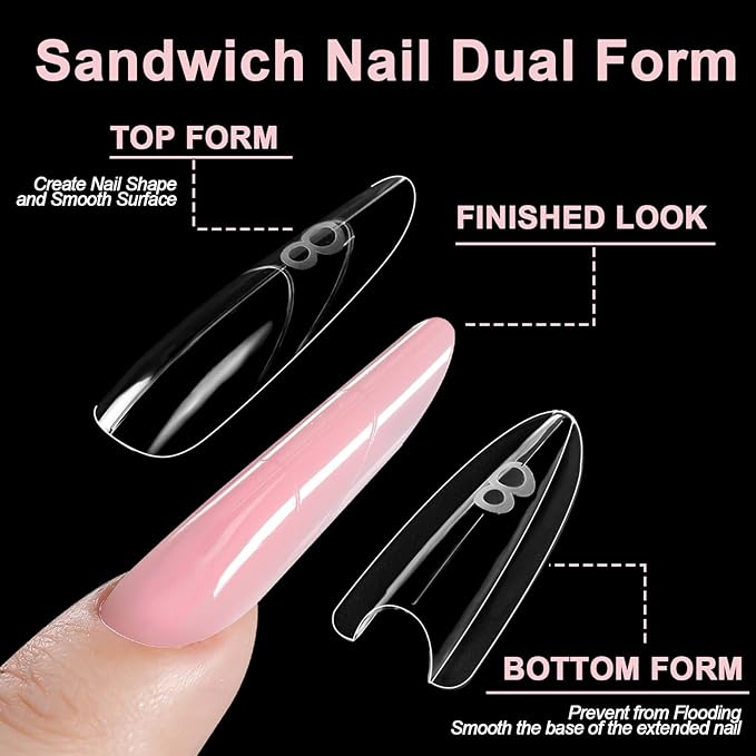 Allstarry Sandwich Dual Nail Forms, Reusable Sandwich Dual Forms 240pcs 15 Sizes Almond Round Nail Extensions Plastic Poly Gel Nails Forms for Builder Gel No Paper Forms Needed Moldes Dual Nails Molds