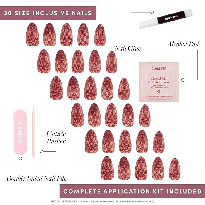 Beetlejuice Beetlejuice™ x Glamnetic Press On Nails - Lydia™ | Short Almond Red Lace 3D Nails in a Matte Finish | 15 Sizes - 30 Nail Kit with Glue