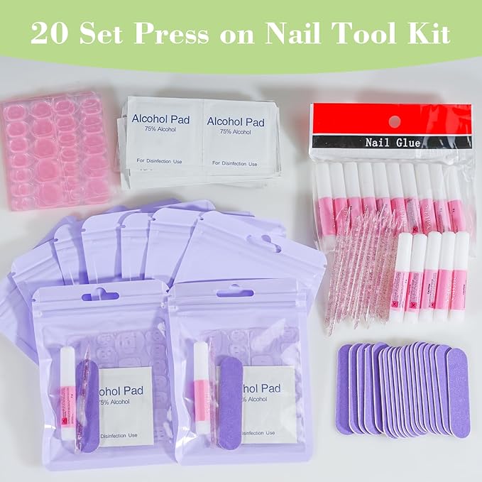 Press On Nail Tool Kit with Everything, Bebbtiy Nail Prep Tool Disposable Manicure Kit with Nail File, Nail Glue, Prep Pads, Adhesive Nail Tabs,Wood Stick, Packaging Ba (20pcs-purple)
