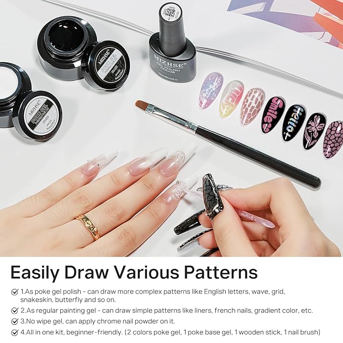 MIZHSE White and Black Poke Gel Nail Polish, with Professional Poke Foundation Gel and Brush Tool, Multifunctional Drawing Painting Nails Art Design Lace Letters Wave Flower Manicure DIY Home