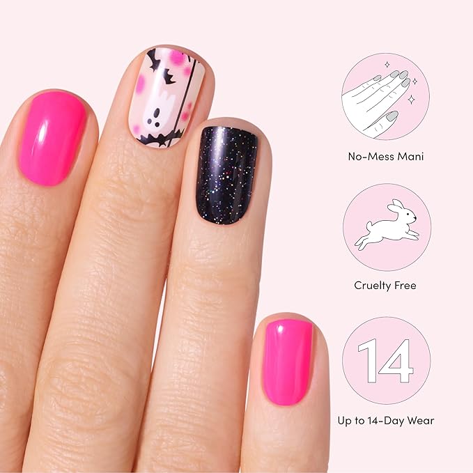 Dashing Diva Gloss Nail Strips - The Friendly Ghost - UV Free, Chip Resistant, Long Lasting Gel Nail Stickers - 3-Piece Glow-In-The-Dark Manicure Set - Contains 32 Wraps, 1 Prep Pad, 1 File