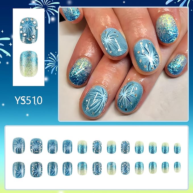 Square Press on Nails Short Fake Nails with Designs Fireworks Glue on Nails Rhinestone False Nails Blue Bling Sequins Acrylic Nails Glitter Full Cover Stick on Nails for Women 24Pcs