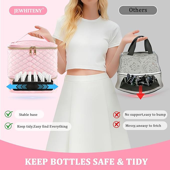JEWHITENY Nail Polish Organizer Bag Holds 30 Bottles & Nail Lamp,Double-Layer Nail Polish Storage Bag with Adjustable Dividers,Portable Nail Kit Bag For Nail Stuff & Manicure Tools (Pink)