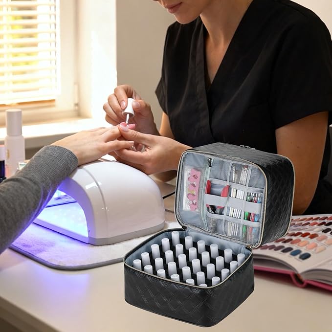 Upgraded Nail Polish Organizer Case - Holds 30 Bottles and 1 Nail Light, Double-layer Nail bag Organzier Case Nail Polish Storage Bag with Handles (Style B-Checker Black)