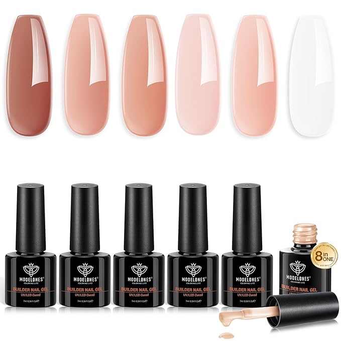 modelones Builder Nail Gel Polish Set, Base Colors 8-in-One Jelly Caramel Brown Latte Clear Builder Nail Gel for Nails Strengthener Hard Extension Rubber Lamp Cured 6 Colors