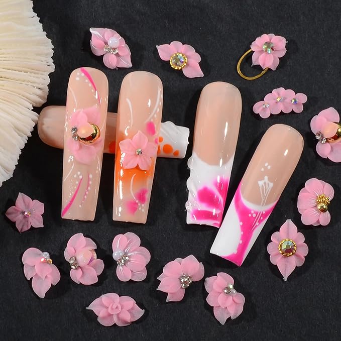 30PCS 3D Handmade Flower Nail Art Charms Advanced Handcrafted Cherry Blossom Flower Colorful Sculpted Floral Nails with Rhinestone Caviar Beads Design for Women Profession Nail Art Craft Jewelry