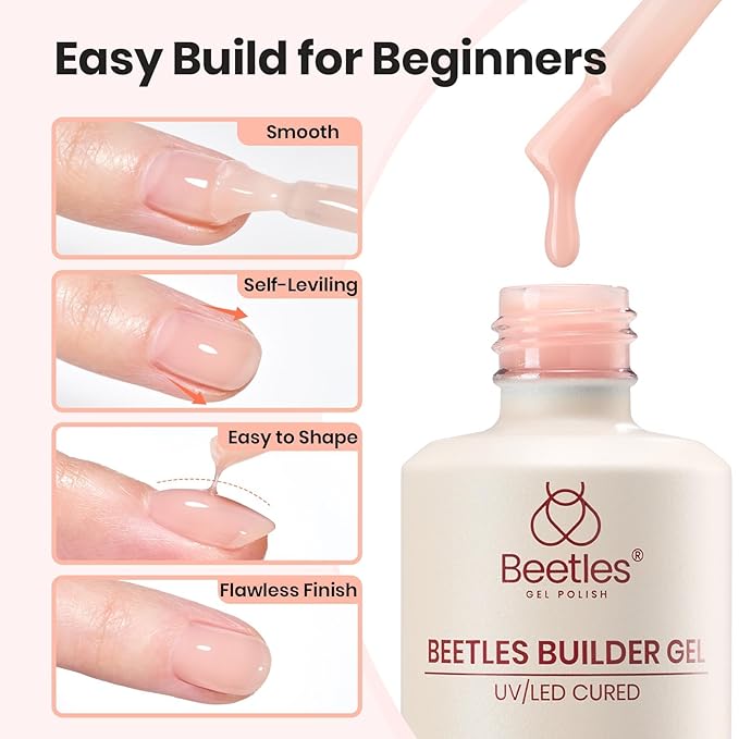 Beetles Builder Gel Nail Kit-Silken Petal 2 Pcs 8 in 1 Nail Thickening Strengthening Building Apex for Beginner DIY Salon at Home,UV Clear & Jelly Nude Builder Gels with Nail Brush,New Bottle