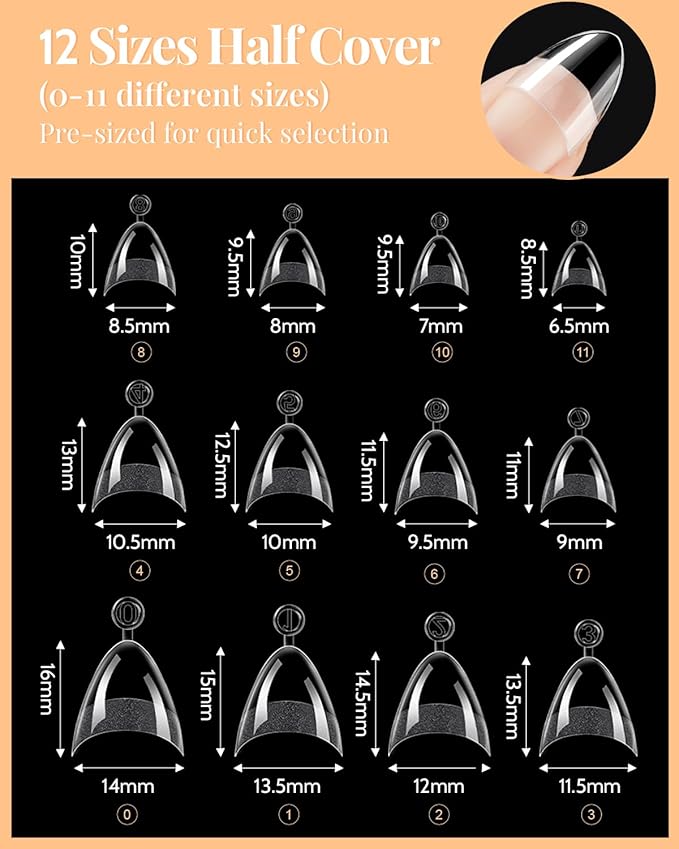 Short Almond Nail Tips, 240 Pcs Half Cover Acrylic Fake Nails Almond Shape, Pre-Shape Clear False Nails with Files and Cuticle Fork for Press on Nails Extension, DIY Home Salon