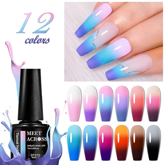 MEET ACROSS 12Pcs Color Changing Gel Nail Polish Set Nude Pink Sky Blue Brown Temperature Mood Changed Nail Polish Gel DIY Salon Gift for Women