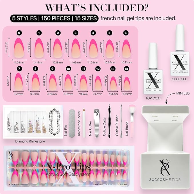 SXC Cosmetics X-Pro Tips French Tip Press On Nails - Bright Pastel Glow in the Dark Series (GLOW115KIT-M Almond)