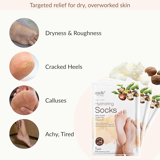 Epielle Hydrating Foot Mask 6 Pairs, Relieve and Soften with Shea Butter & Jojoba Oil, Deep Moisturizing Socks for Dry, Cracked Feet, Self Care Gifts for Women, Spa Kit, Stocking Stuffers (Pack of 2)