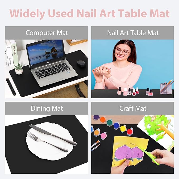 2 PCS Nail Art Table Mat, Soft Microfiber PU Leather Nail Pad, Foldable Nail Art Rest Pad, Reusable Nail Mat for Table Desk, Acrylic Nail Desk Mat for Nail Cushion (Black and Black)
