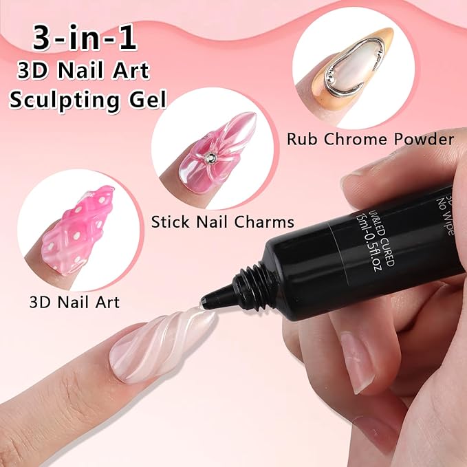 3D Gel Nail Art, 2 Pcs 15g Clear No Wipe Sculpting Gel for Carving, Molding and Painting 3D Nails Art Designs, Rhinestone Glue for Gems Decoration Manicure Salon Home DIY