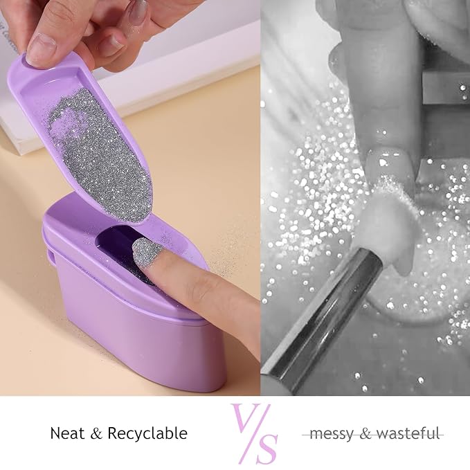 2 in 1 Dip Powder Recycling Tray System, Nail Dip Powder Storage Tray with Cleaning Brush, Container for Glitter, Sequins, Caviar Beads, Manicure Tool Kit for Home & Salon (Purple)