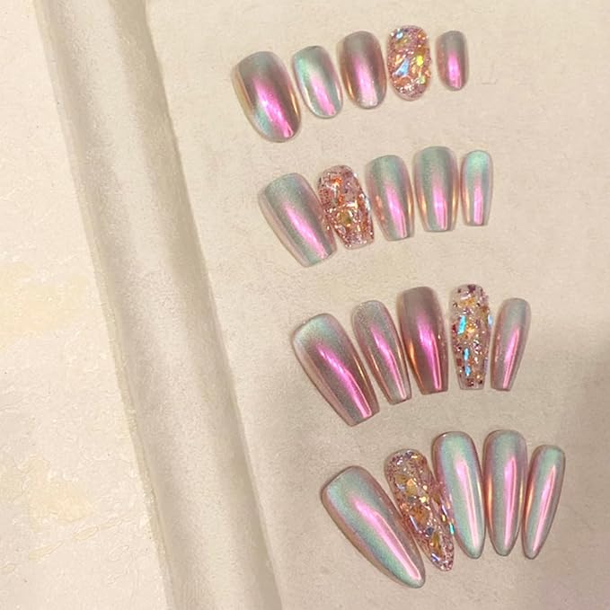 WOMHOPE Press on Nails Handmade Full Cover False Nails with Rhinestone Vintage Flower Aurora Acrylic Nails for Women and Girls 10pcs/Box Long Almond,Coffin (Aurora Pink, Large)