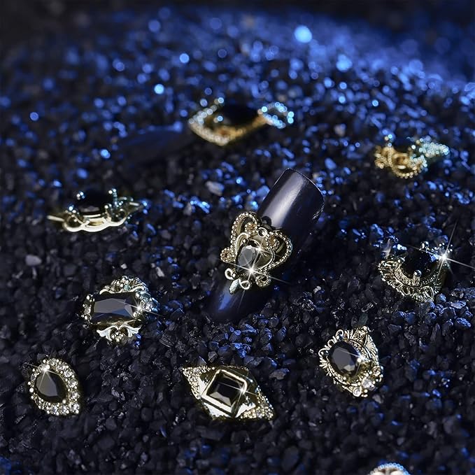 Leelosp 24 Pieces 3D Nail Charms Gold Luxury Black Rhinestones Nail Charms for Acrylic Nails Black Zircon Jewels Crystals Rhinestones with Storage Box for DIY Craft Art