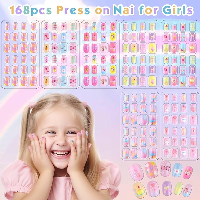 Shynek Kids Press Nails for Girls, 168Pcs Children Fake Nails Pre Glue Nail Stickers Full Cover Short False Nails Set for Girls Gift Nail Art Decoration