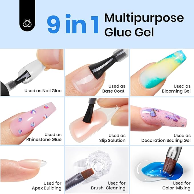 beetles Gel Polish 9 in 1 Nail Glue Gel for Nails Tips 10ml Long Lasting Uv Nail Glue for Acrylic False Nail Tips Base Coat Blooming Nail Gel Led Lamp Required