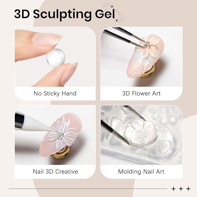 3D Gel for Nail Art, Clear Sculpting Solid Hard Gel for Nails Non-Sticky for Carving Building Extension with Nail Art Pen Home DIY Manicure