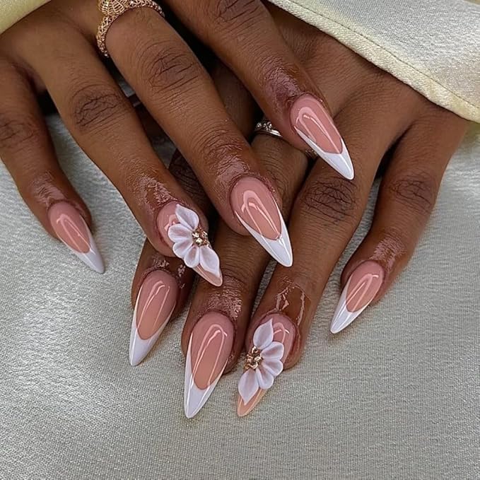 Luxury Press on Nails Long Almond Handmade 3D Unique Reusable ABS Material Fake Nails White French Tip False Nails with Designs Floral Rhinestones Elegant Glossy Glue on Nail Thick Acrylic Nail(S)