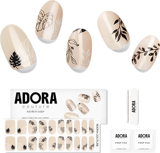 Semi-Cured Gel Nail Strips - 20 Salon-Quality Gel Sticker with UV Light Required, Long Lasting, Easy Application & Removal, Includes Prep Pad, Nail File, Wooden Stick (Latte Leaves)