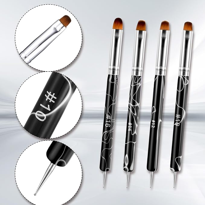 4pcs 2 Way Nail Art Brush with Dotting French Nail Brush Set French Gel Acrylic Nail Art Brush Professional Manicure Tool for Nail Arts Detailed Design Manicure Cuticle Clean up (10#, 12#, 14#, 16#)