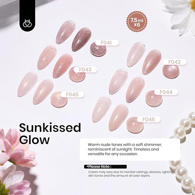 Beetles Rubber Base Color Gel Nail Polish, 6 Colors 5 IN 1 Nude Rubber Base Gel Neutral Sheer Pink Peach Glitter Nail Polish for Thin Nails Soak Off U V LED Lamp Cure Nail Art Design Gifs for Women