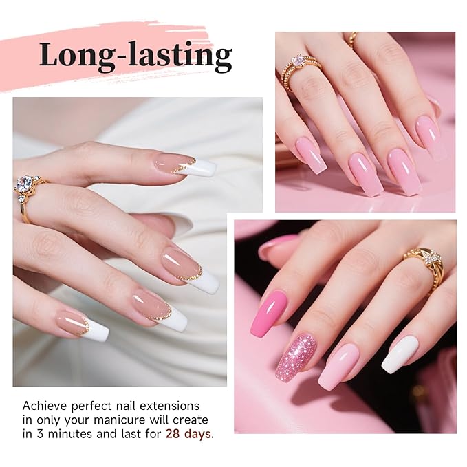 JEWHITENY Poly Extension Gel Nail Set Clear Pink Poly Nail Gel With Slip Solution Base Coat Top Coat French Manicure Need U V Lamp Curing for Finger Art and Home DIY