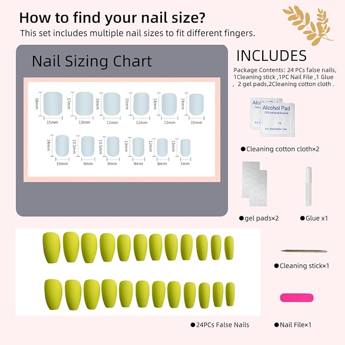 Neon Yellow Matte Press On Nails, Long Coffin Fake Nails 24pcs Easy Application Manicure Set for Work, Party & Daily Use, Perfect for Women and Students