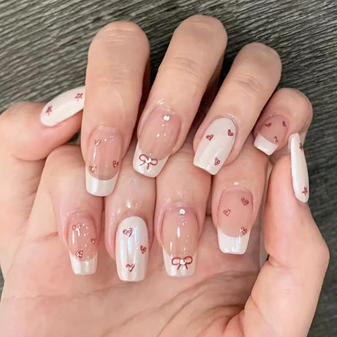 6 Packs (144 Pcs) | Reusable Press on Nails | cute nails | 6-Style Bundle | 12 Sizes | Each Style 24 Pcs | Pink themed bow