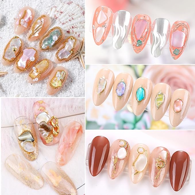 5 Boxes 3D Nail Art Crushed Sea Shell Irregular Iridescent Natural Abalone Seashell Slices Starfish Metal Sea Star Conch Moon Triangle Rivet Gems(sea Shell kit)
