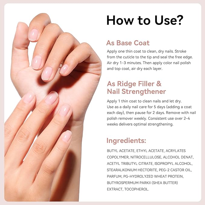 Ridge Filler Base Coat 3-in-1 Nail Strengthener Growth, Milky Fortifying Ridge Filler for Damaged Uneven Nails, VE Protein Formula Flawless Base, Vegan, Salon-Quality Nail Art at Home