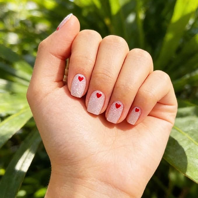 Semi Cured Gel Nail Strips - Red Heart with Shimmering Base, Valentine Glitter Nail Stickers, DIY Manicure Kit, Salon Quality Lasting Gel Polish Strips