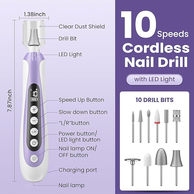 Nail Drill, Electric Nail File & 10-Speed Cordless Nail File, 10 in 1 Kit for Thick Toenails, 2000mAh Rechargeable Portable Manicure Pedicure Kit with LED Display Ideal Gift for Men & Women(Purple)