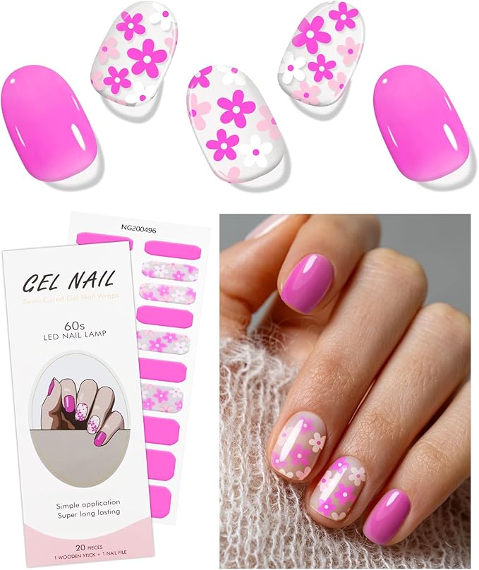 JMEOWIO Gel Nail Stickers Pink Flower Transparent Semi Cured Gel Nail Strips Wraps UV/LED Nails Art Design Decoration Accessories