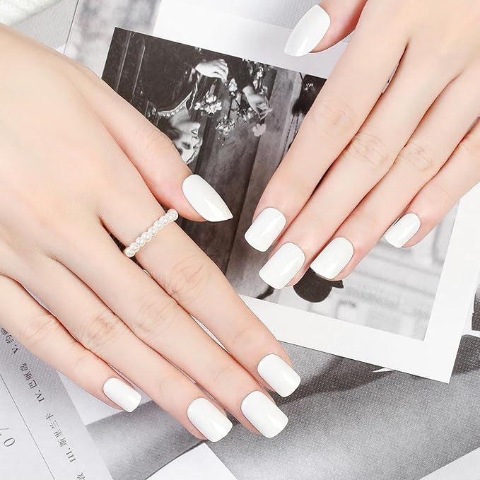 White Press On Nails Short Square - No Glue Natural Elegant Acrylic Fake Nail Design for Everyday or Wedding, Easy to Apply & Remove, 24 Nails in 12 Sizes with File