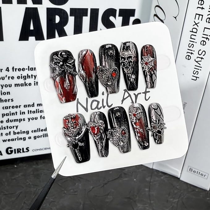 Halloween Press on Nails Handmade Manicure Art Reusable False Nails with Luxury 3D Skull Spider Web and Red Heart Designs Thick Acrylic Nail Medium Coffin Stick on Nail for Women (Size M)