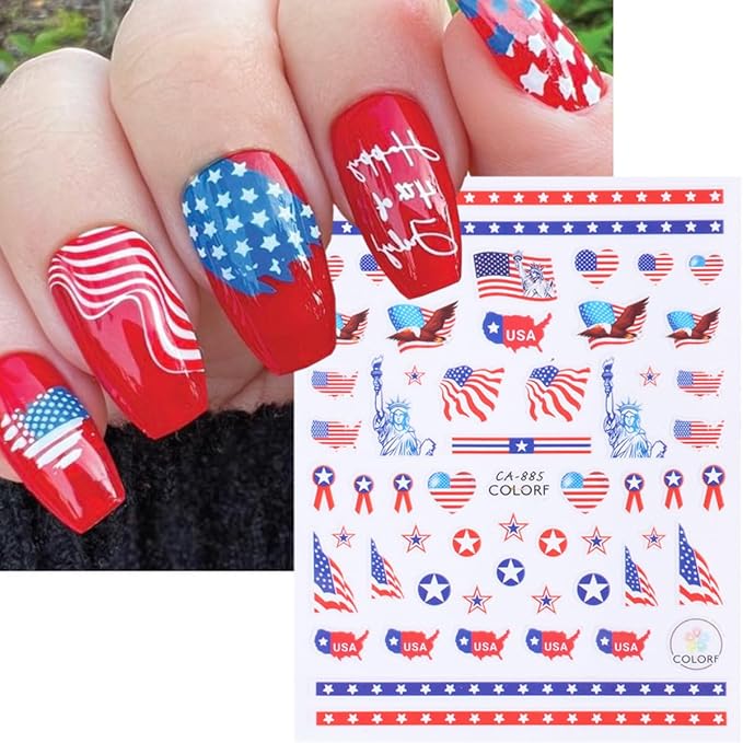8 Sheets Independence Day Nail Stickers for Nail Art USA 4th of July Nail Decals 3D Self-Adhesive American Flag Patriotic Nail Decoration American Eagle Nail Art Stickers for Women Girls Nail Designs