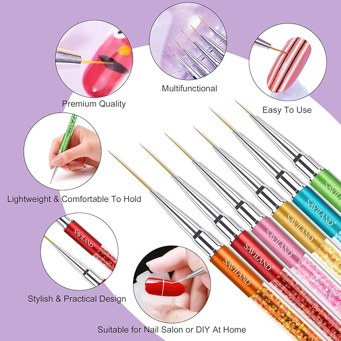 Saviland 6pcs Nail Art Liner Brushes Set: Nail Gel Polish Painting Nail Art Design Brush Pen Set with Crushed Diamond Rhinestones Handle for Pulling Lines, Sizes 7/9/11/13/17/23 mm, Christmas Gifts