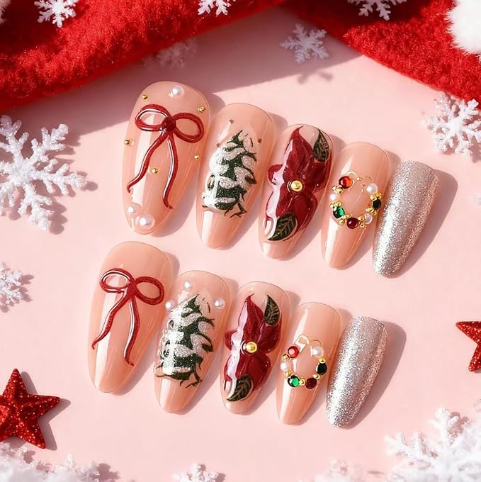 Christmas Press on Nails Medium Almond Fake Nails Christmas Tree Rhinestone False Nails 3D Bow Flowers Glitter Designs Full Cover Stick on Nails Winter Xmas Acrylic Nail for Women Manicure