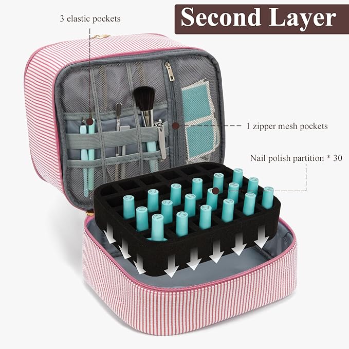 Nail Polish Organizer Aesthetic Nail Organizers and Storage, Bow Nail Supplies Kit Organizer Travel Carrying Case for Manicure Tools (Stripe Pink, 2 Layer)